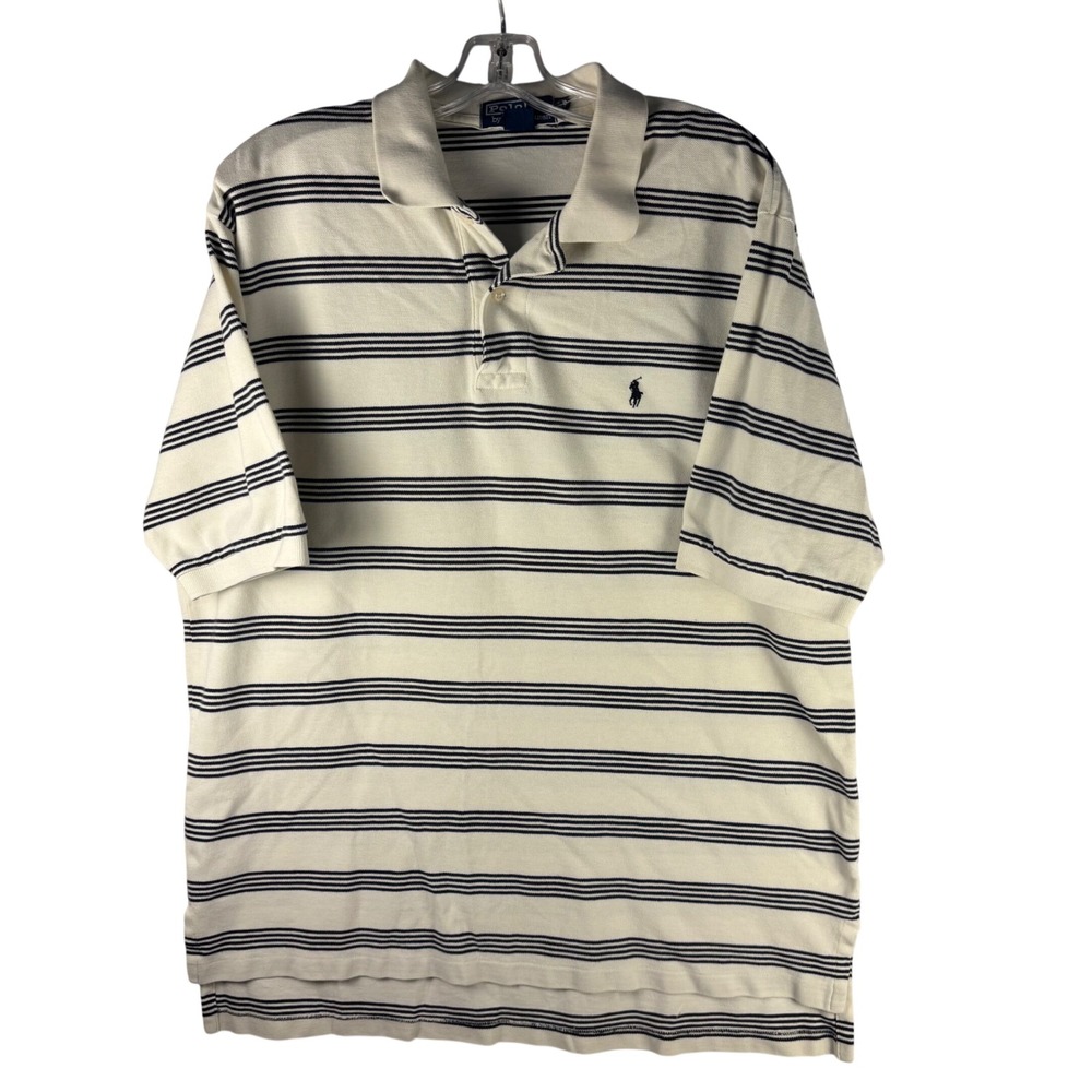 Polo Ralph Lauren Mens XL Cream Navy Blue Striped Pique Short Sleeve Polo Shirt - Picture 2 of 8